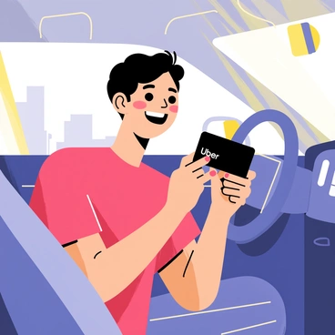 A passenger joyfully holding an Uber card while seated in the back of a car