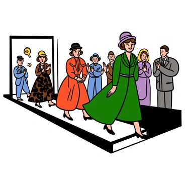 A scene depicting a fashion show set in the 1930s, featuring several models walking down a catwalk. The models are wearing elegant, period-appropriate garments including long flowing dresses with intricate details, cloche hats, and tailored suits. There are spectators in the background, dressed in vintage attire, clapping and admiring the designs. The setting has a grand atmosphere with elegant lighting, highlighting the beauty of the outfits on display.