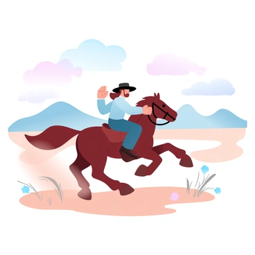 A cowboy wearing a wide-brimmed hat is riding a horse across vast open plains. The horse is mid-gallop, kicking up dust from the dry ground. In the background, there are gentle rolling hills under a sky filled with gradient pastel colors transitioning from soft pinks to light blues. Sparse tufts of grass dot the landscape, and a few scattered wildflowers add subtle pops of color here and there. A small cluster of clouds hovers lightly in the sky, enhancing the serene atmosphere of the scene.