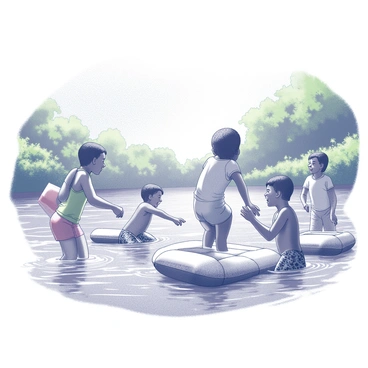 A group of children playing in the shallow waters of the Nile River. They are laughing and splashing, with some children submerged up to their knees while others are engaged in a playful water fight. The setting features lush greenery along the riverbanks, creating a vibrant atmosphere. The children are diverse in appearance, wearing colorful swimwear and enjoying the warm weather. Some are attempting to float on inflatable rafts, while others are diving under the water. The scene captures the joy and energy of a sunny day by the river.
