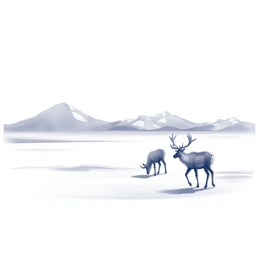 A snowy tundra landscape stretches out under a clear sky. The ground is covered in a thick layer of snow, creating a soft, white blanket across the terrain. A herd of caribou is grazing in the foreground, their antlers prominent as they move gracefully through the snow. In the distance, a range of mountains rises, their peaks dusted with snow, creating a majestic backdrop. The scene conveys a sense of tranquility and the untouched beauty of nature.