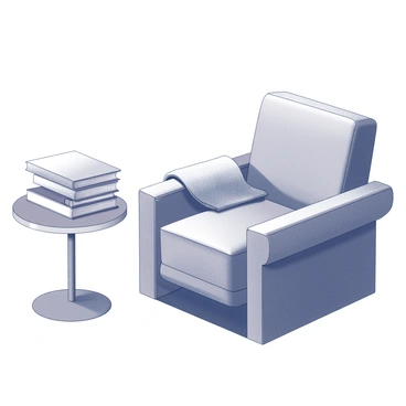 A cozy reading nook is situated on a patio. It features a plush, oversized chair with soft cushions, accompanied by a thick, warm blanket draped casually over the armrest. Beside the chair, there is a small, round side table that holds a stack of neatly arranged books. The books are of varying sizes, with some partially open, suggesting recent use. The setting is inviting and designed for relaxation, perfect for enjoying a quiet reading session outdoors.