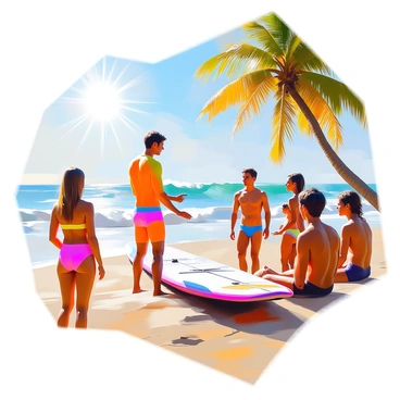 A coach with sun-kissed skin and short, tousled hair stands on a sandy beach, demonstrating surfing techniques to a group of beginners. The coach is wearing a bright rash guard and board shorts, and is positioned near a colorful surfboard resting on the sand. The beginners, a diverse group of individuals, are attentively watching the demonstration, some holding their own surfboards. The sun is shining brightly, casting warm light over the scene, while gentle waves lap at the shore in the background. Lush palm trees sway slightly in the breeze, adding to the relaxed beach atmosphere.