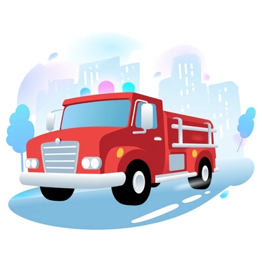 A classic fire truck with a bright red body and shiny metal accents is racing down a busy street. The truck is adorned with ladders and hoses, clearly showcasing its firefighting capabilities. The sirens are emitting loud, resonant sounds, while the lights on top are flashing in vibrant colors. Surrounding the truck, there are tall buildings lining the street, and a few trees are swaying gently in the breeze. The pavement reflects the truck’s speed, creating a sense of motion and urgency.