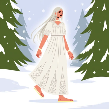 A tall and elegant figure of Galadriel is walking gracefully through a winter wonderland. She has long, flowing silver hair that shimmers in the soft light. She is wearing a flowing white gown that drapes around her, adorned with intricate silver patterns. Snowflakes are gently falling around her, creating a magical atmosphere. The ground is covered in a thick blanket of untouched snow, and tall evergreen trees, heavy with snow on their branches, frame the scene. A soft glow surrounds Galadriel, highlighting her serene expression as she walks.