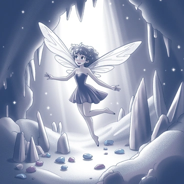 A fairy with intricate wings resembling stalactites hovers gracefully in a cave filled with shimmering crystals. The fairy's delicate features are illuminated by the sparkling reflections of light bouncing off the cave walls. She is surrounded by numerous stalactites hanging from the ceiling and stalagmites rising from the ground, creating a magical atmosphere. The ground is littered with glimmering gemstones, and the cave itself has a cavernous, textured surface that adds depth to the scene. The fairy appears curious and enthralled as she explores this enchanting underground world.