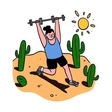 A person with light skin and short black hair performing dumbbell lateral raises. They are wearing a blue tank top and black shorts, showing focus and determination. The scene is set in a desert landscape with various cacti scattered around. The bright sun casts shadows on the sandy ground, emphasizing the workout.