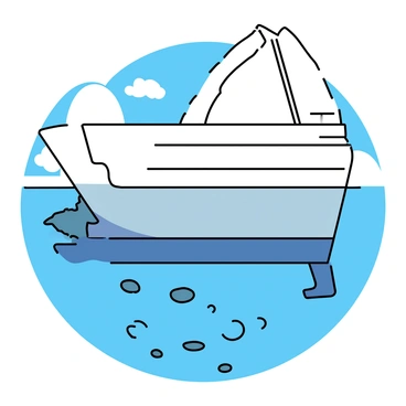 A view from below, looking up at a yacht's hull. The hull is painted white with navy blue accents, reflecting the sunlight above. The water is calm and clear, revealing some rocks and marine life below. The yacht’s sleek structure is visible, with details of the hull’s curves and supports. In the background, a bright blue sky can be seen through the gaps in the yacht's bottom, with a few fluffy white clouds drifting by.