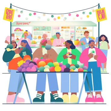 A bustling vegan food market with millennials sampling colorful plant-based dishes