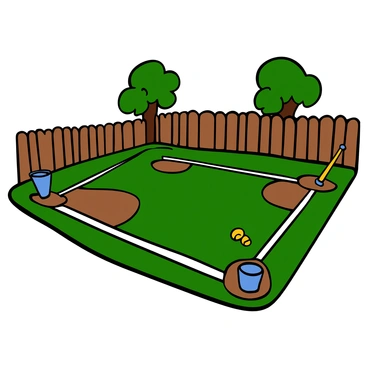A makeshift baseball field is set up in a backyard, featuring a grass surface with patches of dirt in the infield. The bases are improvised, made from items like old cardboard boxes and plastic buckets, each placed strategically at the corners of the diamond. In the background, there is a wooden fence enclosing the yard, and a few trees provide shade. A plastic bat rests on the ground near home plate, and a colorful ball sits ready to be pitched. Sunlight casts long shadows, indicating it's late afternoon.