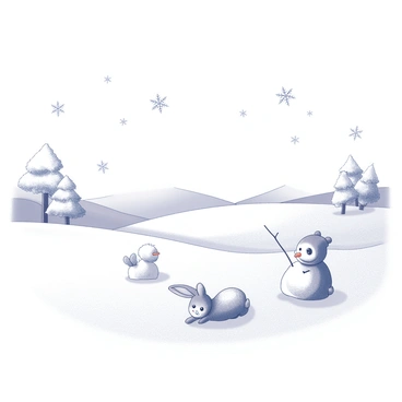A vast snowy landscape covered with a thick blanket of snow. The ground is smooth and undisturbed, with gentle hills leading to the horizon. Illustrated snowflakes are falling from the sky, each uniquely shaped and outlined. Several frosty creatures, such as a small rabbit with fluffy fur and icicle-like ears, and a snowman with a carrot nose, are playing together in the snow. The background features a few snow-laden trees, their branches heavy with white frost.