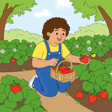 A cheerful child with curly brown hair, wearing a bright yellow t-shirt and denim overalls, kneels in a lush green garden filled with strawberry plants. The child has a small wicker basket in one hand, while the other hand reaches for a plump, red strawberry nestled among the bright green leaves. Sunlight filters through the nearby trees, creating dappled light on the scene. The strawberries are vibrant and juicy, contrasting beautifully with the rich green foliage surrounding them. The garden is alive with colorful flowers interspersed among the plants, enhancing the playful atmosphere.