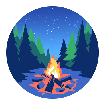 A warm orange campfire is crackling in the center, surrounded by tall green pine trees that rise majestically against the backdrop of a deep blue night sky. The flames are casting flickering shadows on the ground, illuminating the nearby forest floor. Above, the clear sky is filled with countless twinkling stars that create a striking contrast against the darkness. The atmosphere is tranquil, with the silhouettes of the trees framing the scene perfectly.