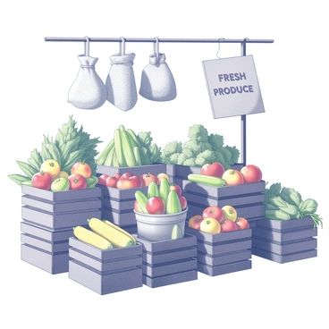 A farmer's market stall brimming with an assortment of fresh vegetables and fruits. The stall features wooden crates stacked high with vibrant produce. A large basket displays bright green cucumbers and a variety of leafy greens. Some bright yellow corn cobs are arranged neatly on one side, while several red and orange bell peppers rest nearby. A collection of apples, with glossy skins, sits prominently in another crate. Hanging above the stall are burlap sacks filled with colorful potatoes. A sign made of recycled wood leans against the stall, labeled with the words "Fresh Produce" in bold letters. The atmosphere conveys a sense of activity and abundance, with patrons browsing the rich selection.