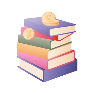 A digital flat illustration featuring a stack of five colorful books arranged vertically. Each book has a distinct color: the bottom book is blue, the second is red, the third is green, the fourth is yellow, and the top book is purple. On top of each book, there is a shiny gold coin, perfectly balanced. The coins vary in size, with the largest on the bottom book and the smallest on the top book. The background is a simple, soft gradient that enhances the focus on the books and coins, symbolizing "knowledge" and "wealth."