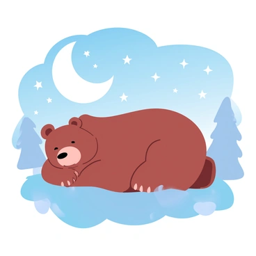 A bear is sleeping cozily on a patch of soft grass. The bear has thick, fluffy fur and is curled up in a relaxed position. Above the bear, a starry night sky is visible, filled with bright stars twinkling against a deep blue background. A crescent moon is shining softly, casting a gentle glow over the scene. Surrounding the bear are silhouettes of trees, adding to the peaceful atmosphere of the night.