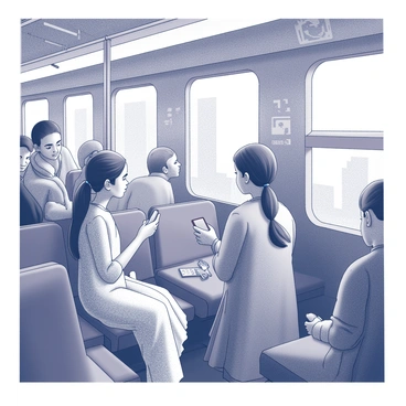 An Indian girl is seated on a crowded city train, looking around at the activity in the carriage. She has long, dark hair tied back, and she wears a traditional kurta with intricate patterns. Passengers are standing close together, some engrossed in their phones, while others engage in conversation. The train's interior is filled with overhead handles, and advertisements are visible on the walls. Outside the windows, blurred outlines of urban buildings pass by, adding to the sense of movement. The girl's expression is one of curiosity as she takes in the vibrant energy of the bustling environment surrounding her.