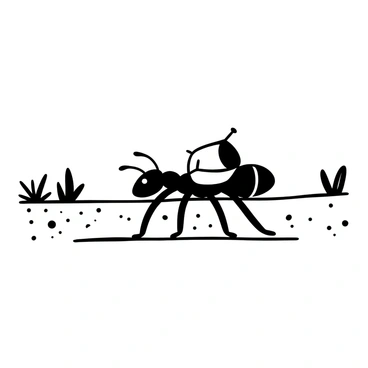 An ant with long legs and a segmented body is carrying a small pack on its back, navigating over a sandy path. The path is dotted with small pebbles and grains of sand, creating a textured surface. In the background, there are sparse tufts of grass and a few scattered leaves, adding to the natural environment. The scene emphasizes the determination of the ant as it moves forward on its journey.