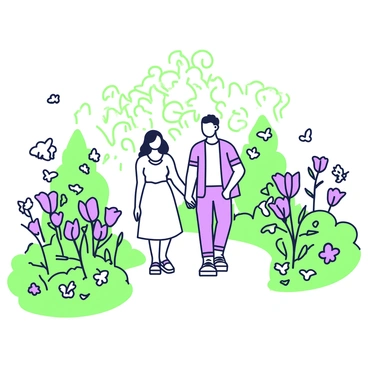 A couple is walking hand in hand along a winding path in a blooming garden. The woman is wearing a light sundress, and the man is dressed in casual clothing. Around them, vibrant flowers are blooming, with various shapes and sizes creating a rich tapestry of nature. Tall green plants and bushes frame the sides of the path, while butterflies flit between the flowers, adding life to the scene. The sunlight filters through the leaves above, casting playful shadows on the ground as the couple enjoys their serene stroll.