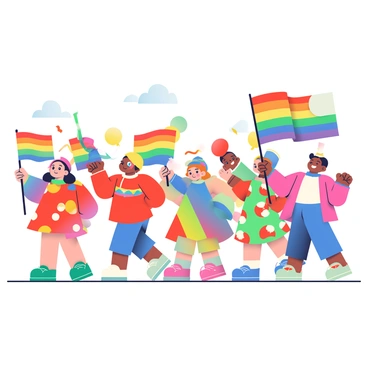 A group of children is marching in a parade, each child holding a vibrant rainbow flag. They are dressed in colorful costumes, featuring a mix of patterns and bright hues such as red, blue, green, and yellow. Some children wear face paint with cheerful designs, while others have colorful hats and accessories. The parade route is lively, with balloons and streamers decorating the surroundings. The children are smiling and interacting with each other, creating a joyful atmosphere.