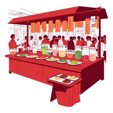A red market stall is filled with various jars of spices and herbs, each jar labeled clearly. The stall has a wooden tabletop displaying a variety of colored herbs, arranged in neat rows. Above the stall, there are hanging banners in orange with intricate designs. The background features a crowd of people browsing and examining the jars, while a soft breeze moves through the market, slightly rustling the banners.