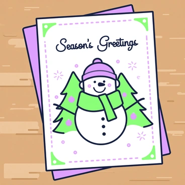 A handmade greeting card is displayed on a wooden table surface. The front of the card features a festive illustration of a winter scene. In the center, there is a snowman wearing a green scarf and a purple hat, surrounded by green pine trees adorned with purple ornaments. Snowflakes gently fall around the scene, and in the top right corner, the words "Season's Greetings" are elegantly written in a decorative font. The edges of the card are adorned with a green-and-purple patterned border, enhancing the festive theme.