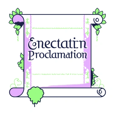 An ornate, aged scroll is unfurled on a wooden surface. The scroll features intricate decorative elements along its edges, including floral patterns and geometric shapes. The words "Emancipation Proclamation" are prominently displayed in a bold, elegant font at the center of the scroll. The parchment has distinct creases and an aged appearance, showcasing its history. A wax seal can be seen at the bottom of the scroll, partially melted, adding to the vintage feel of the document.