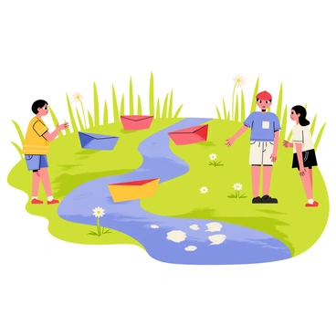A group of children is gathered around a small stream, each child focused on launching colorful paper boats into the water. The boats are various shades of yellow, blue, and red, gliding smoothly on the surface. One child, wearing a red cap, eagerly pushes a green boat into the water, while another child in a blue shirt watches intently. There's a small puddle on one side where a few boats have already floated. The surrounding grass is lush and green, with daisies dotting the landscape. Bright sunlight filters through the trees, casting playful shadows on the water.