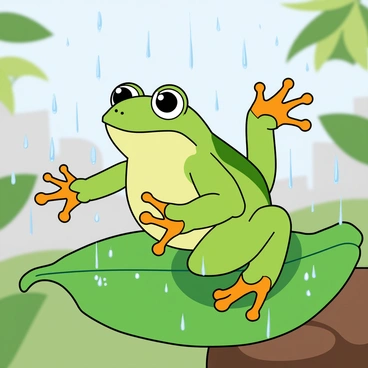 A vibrant green tree frog with large, round eyes and sticky toes is joyfully hopping on a glossy, wet leaf. The leaf is a bright shade of green, glistening with droplets of water from the gentle rain shower falling around it. The background features blurred hints of foliage, with more leaves catching the rainfall. The sky above is overcast, casting a soft light that enhances the vivid colors of the scene. Water droplets are suspended in the air, giving the atmosphere a playful, lively feel as the frog leaps with excitement.