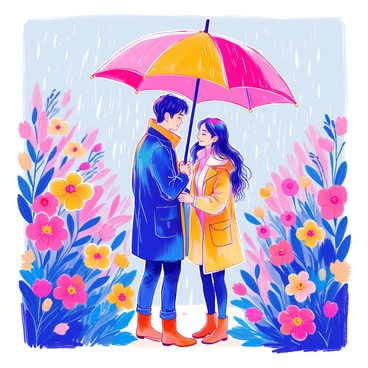 A couple sharing an umbrella in the rain, surrounded by blooming flowers