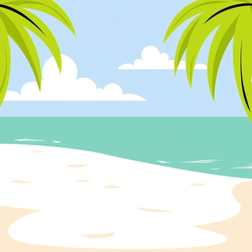 A peaceful tropical beach featuring soft white sand stretching across the foreground. The beach is dotted with tall, green palm trees swaying gently in the breeze. In the background, crystal-clear turquoise water sparkles under the bright sun. Small waves lap at the shore, creating a tranquil atmosphere. Fluffy white clouds float in a blue sky, completing the serene coastal scene.