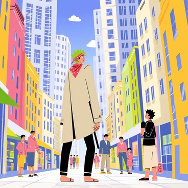 A tall character with green hair, wearing a bandana and a long coat, is walking through a bustling city street. He has a sword sheathed at his side. The city is filled with colorful tall buildings, showcasing a variety of architectural styles. People are walking around, some are shopping at stalls while others are chatting. Zoro is looking up at a particularly intricate building with large windows and decorative elements. The sky is bright blue, and there are a few fluffy white clouds.