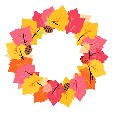 A circular wreath composed of colorful autumn leaves in shades of red, orange, and yellow. The leaves are lush and textured, creating a rich tapestry around the wreath. Interspersed among the leaves are small pinecones, adding a rustic touch. Several acorns are nestled within the arrangement, contributing to the natural feel of the wreath. The whole composition is vibrant and full of life, showcasing the beauty of the autumn season.