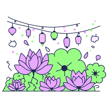 A vibrant festival scene filled with decorations. In the foreground, there are several large "lotus flowers" with intricate petal designs, each positioned strategically to create a stunning visual effect. Scattered among the flowers are "colorful lanterns" of varying shapes and sizes, hanging from thin strings above. The lanterns emit a soft glow, illuminating the surroundings. In the background, a series of strings adorned with "additional lanterns" crisscross the area, enhancing the festive atmosphere. The ground is decorated with "festive patterns" that complement the overall theme, creating a lively and inviting environment.