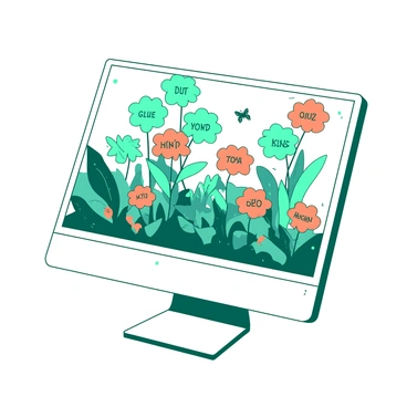 A white computer screen displays a vibrant digital garden filled with flowers made of kind words. The flowers, in various sizes, bloom in shades of teal and orange, with each petal displaying a different positive phrase. A soft glow emanates from the screen, illuminating the surrounding area. The leaves are designed with delicate patterns, adding detail to the composition. Tiny butterflies flutter around the flowers, enhancing the lively atmosphere of the digital garden.