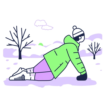 A person dressed in warm clothes is performing a knee plank in a snowy field. The individual is positioned on their knees, supporting their upper body with their forearms on the ground. They are wearing a thick, puffy jacket, gloves, and a knit hat, with visible breath clouds in the chilly air. The snowy field around them is blanketed in fresh snow, sparkling in the light. In the background, there are distant snow-covered hills and a few bare trees with frost on their branches. The scene conveys a sense of winter fitness and resilience.