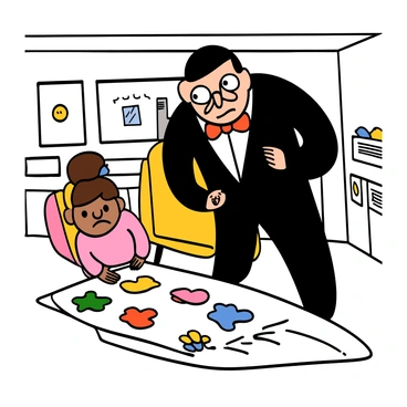 A light-skinned art critic with big eyes wearing a monocle stands with a frown, peering down at a child's finger painting on the floor. The critic has short, slicked-back hair and is dressed in a formal black suit with a white shirt and a red bow tie. The painting is colorful, featuring bright smudges of paint in various shapes. The child, partially visible, has small hands, with paint on their fingers and a look of innocence, contrasting with the critic's disdainful expression. The environment is a bright, well-lit room with simple decor.