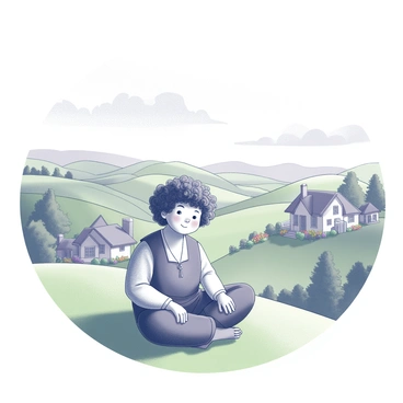 A hobbit sitting on a grassy hilltop, gazing out over the peaceful landscape of the Shire