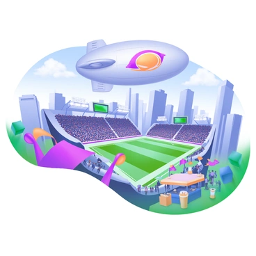 A blimp floating above a city during a major sports event