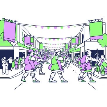 A festive parade with archers in colorful costumes marching through a town