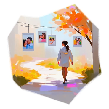 A silhouette of a person walking along a winding path. The path is flanked by a series of framed photographs that hang in the air, depicting various memories of joyful moments. The individual is shown in profile, with a gentle posture, as they stroll thoughtfully. The photographs vary in size and shape, showcasing images of family gatherings, trips, and significant life events. The background is softly illuminated, highlighting the silhouette and the memories that line the path.