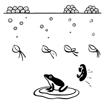 An illustrated sequence depicting the "Life Cycle of a Frog." Starting at the top, there are clusters of frog eggs floating in water. Below the eggs, small tadpoles with long tails are swimming around. Next, a stage shows the tadpoles beginning to grow legs, transforming into froglets. Finally, at the bottom, there is a fully developed adult frog perched on a lily pad, with rippling water surrounding it. Each stage is clearly labeled for clarity.