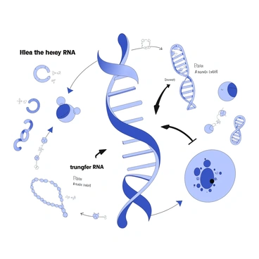 An illustration depicting the interaction between rRNA and various cellular components. In the center, a strand of rRNA is represented, showing its helical structure. Surrounding it, ribosomes are illustrated, with large and small subunits visible. Messenger RNA is shown emanating from the rRNA, highlighting the connection. Nearby, transfer RNA molecules are depicted, each carrying specific amino acids. The background features various organelles, such as the nucleus and endoplasmic reticulum, to provide context within the cell. Connections between these components are illustrated with arrows, indicating the flow of genetic information and protein synthesis.