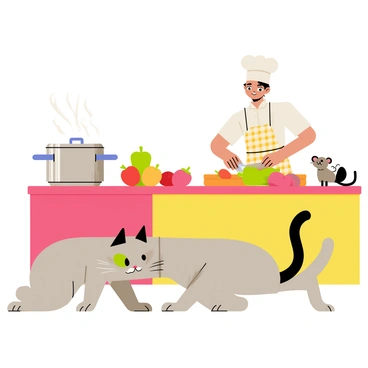 A fluffy gray cat with bright green eyes is sneaking through a vibrant kitchen. The cat is crouched low to the ground, moving stealthily past a shiny silver pot that is mid-boil on the stove. In the background, a chef with a white hat and a checkered apron is busy chopping vegetables on a wooden cutting board, completely unaware of the cat's presence. Various colorful ingredients are scattered across the countertop, including bright red tomatoes and green bell peppers. A playful mouse figure can be seen in the corner, adding to the lively kitchen scene.