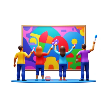 A group of artists collaborating on a large mural, each holding different brushes. The mural features a vibrant array of colors, with bold designs and intricate patterns. The artists are focused on their work, applying paint in a dynamic fashion, while paint splatters are visible on the ground and their clothing. The scene captures the energy of their collaboration, showcasing a mix of artistic styles blending together seamlessly.