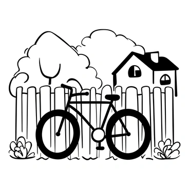 A black bike leaning against a white picket fence in a quiet suburb. The fence is neatly constructed, with evenly spaced slats, creating a classic neighborhood look. Surrounding the bike and fence, there are small patches of grass and a few decorative flowers. In the background, a modest house with a gabled roof can be seen, partially obscured by trees. The scene captures a tranquil, everyday moment in suburban life.