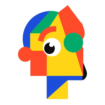 A human face composed of fragmented geometric shapes in vibrant colors. The face is formed using a mix of triangles, squares, and circles. Each shape displays a different bold color, such as red, blue, yellow, and green. The eyes are represented by large, contrasting shapes, while the mouth is depicted with a wide, simple curve made of bright colors. The overall composition creates a playful and dynamic portrayal of facial features.