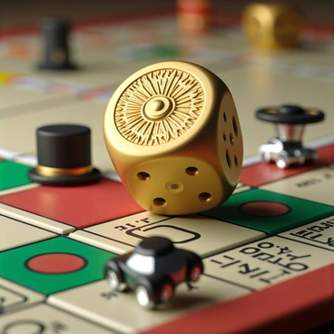 A close-up of a golden die with intricate engraving rolling across a luxurious Monopoly board. The die features shiny facets reflecting light as it tumbles. The Monopoly board is adorned with rich colors and detailed properties, with vibrant green and red spaces. There are miniature game pieces scattered on the board, including a top hat and a car. The overall scene conveys a sense of excitement and strategy in the game.
