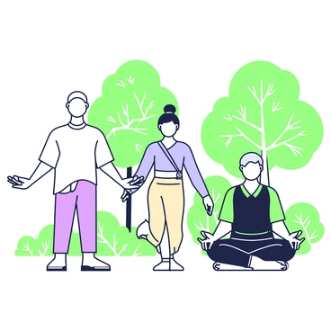 A small group of three individuals is practicing "qi gong" in a secluded forest retreat. The first person is a man with a shaved head wearing a loose-fitting white shirt and dark pants, standing with his arms extended forward. The second person is a woman with long hair gathered into a bun, dressed in a light blue top and beige pants, balancing on one leg with her arms outstretched. The third person is an older man with gray hair, clad in a dark green shirt and black pants, seated and meditating with his hands resting on his knees. Surrounding them are tall trees with dense green foliage, and soft sunlight filters through the branches, casting dappled shadows on the forest floor.