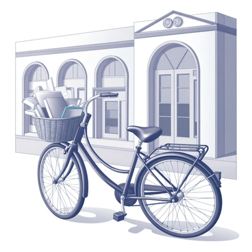 A bicycle is leaning against a large library building. The library features tall, arched windows and ornate architectural details. An open wicker basket attached to the front of the bicycle is overflowing with numerous books. The books are various sizes and are stacked haphazardly, some partially spilling out of the basket. The bicycle has a classic design, with a curved frame and a comfortable seat. The ground is paved, indicating a pathway leading to the library's entrance.